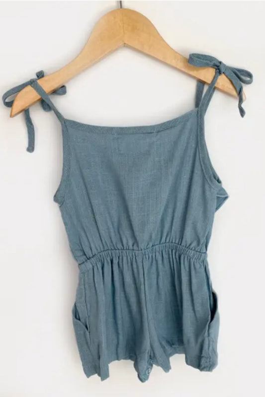 Girls Medium Blue Linen Tie Romper