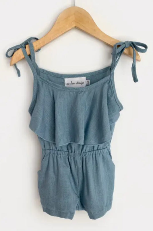 Girls Medium Blue Linen Tie Romper