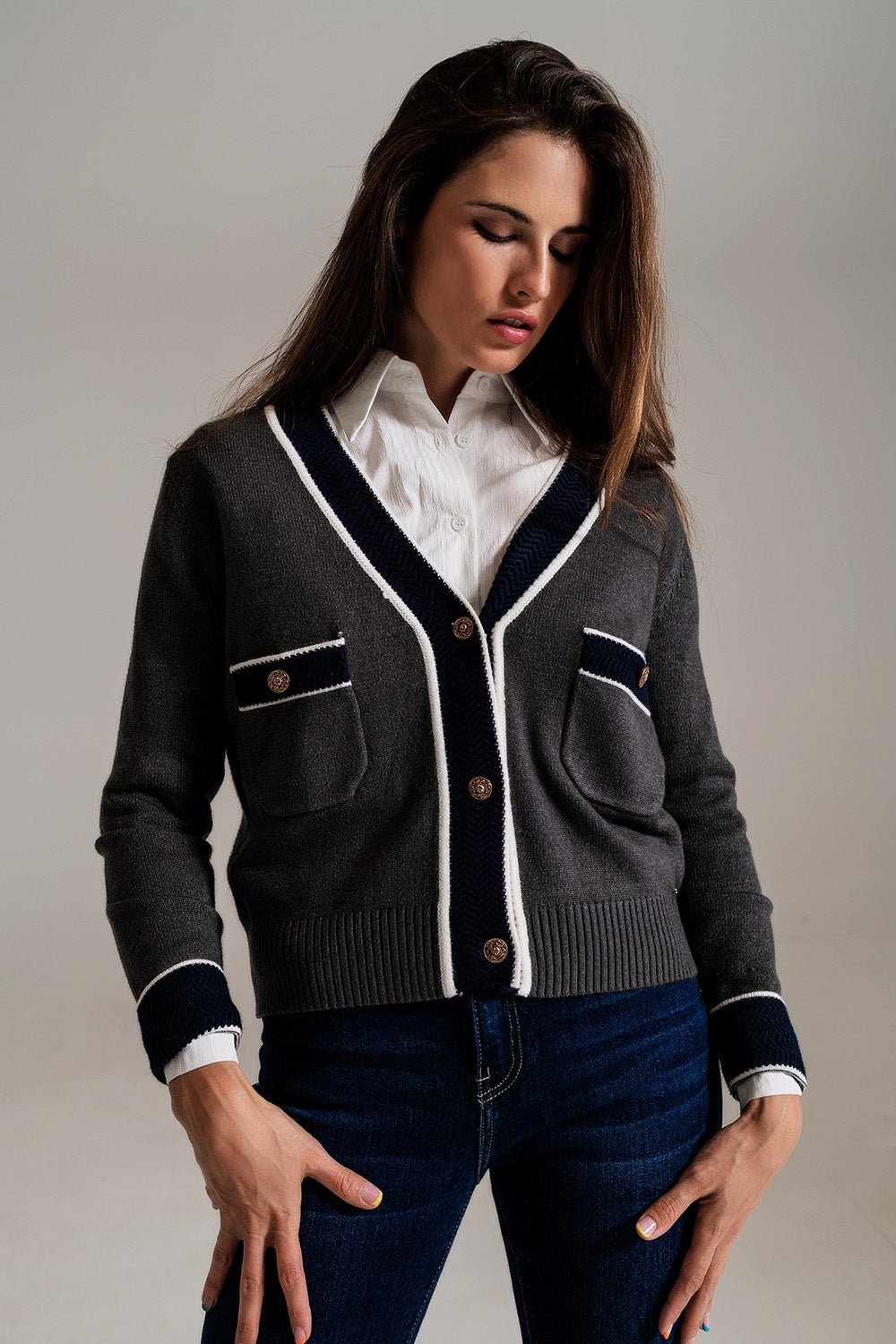 Gray Cardigan With Pockets and Channel Style - Mack & Harvie