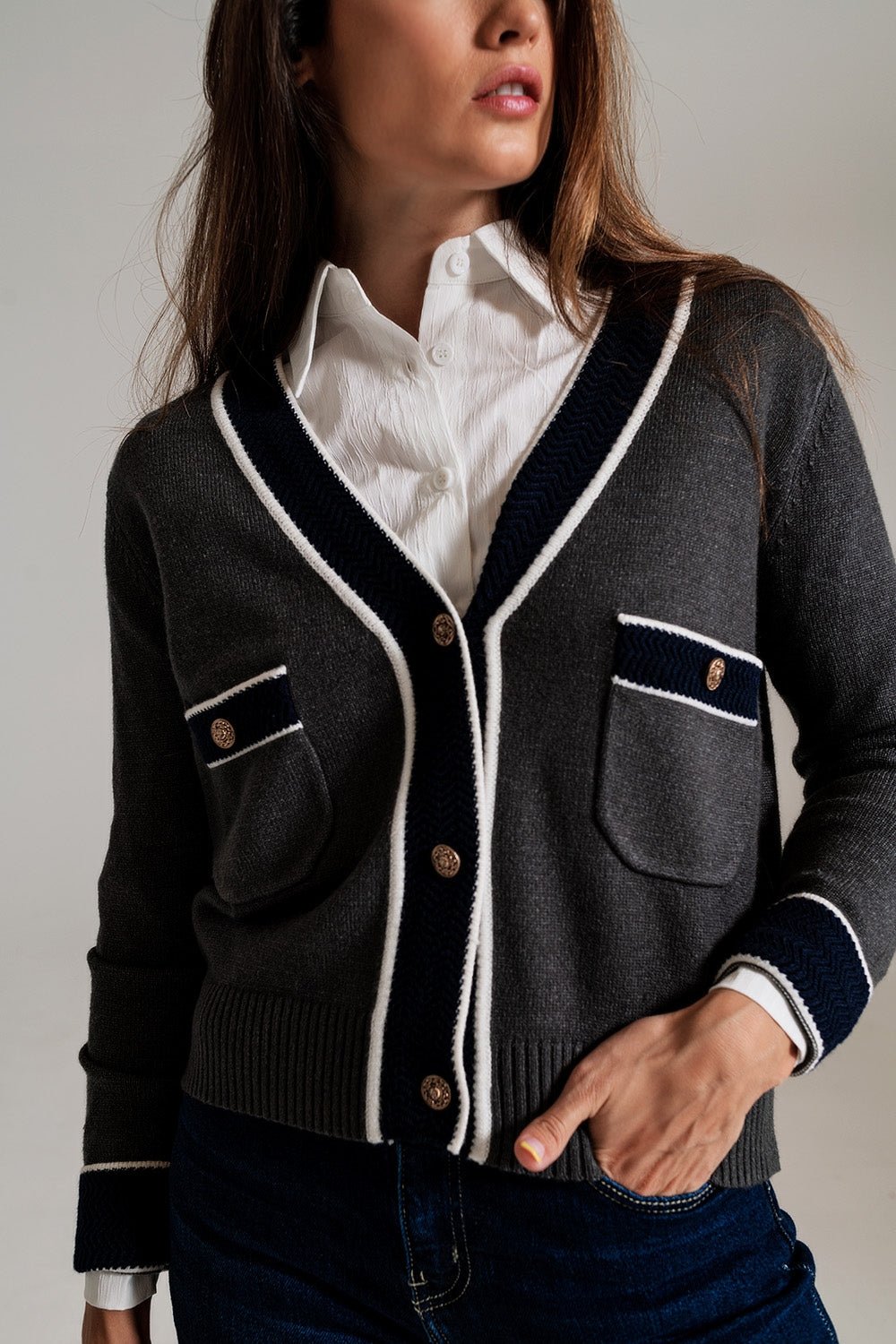 Gray Cardigan With Pockets and Channel Style - Mack & Harvie