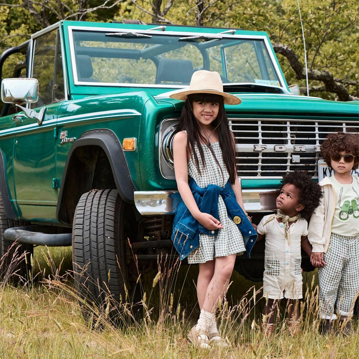 Blue Gingham Linen Kid Dress - Natural/faded Denim
