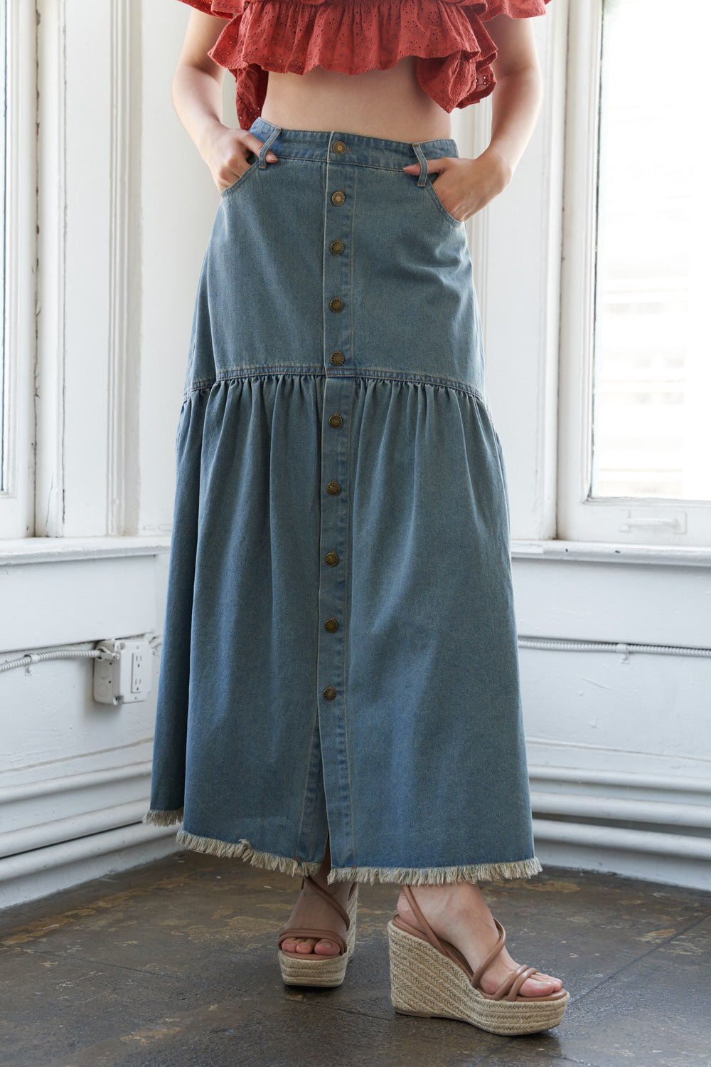 INTRICATE CHARM DENIM MIDI SKIRT - Mack & Harvie