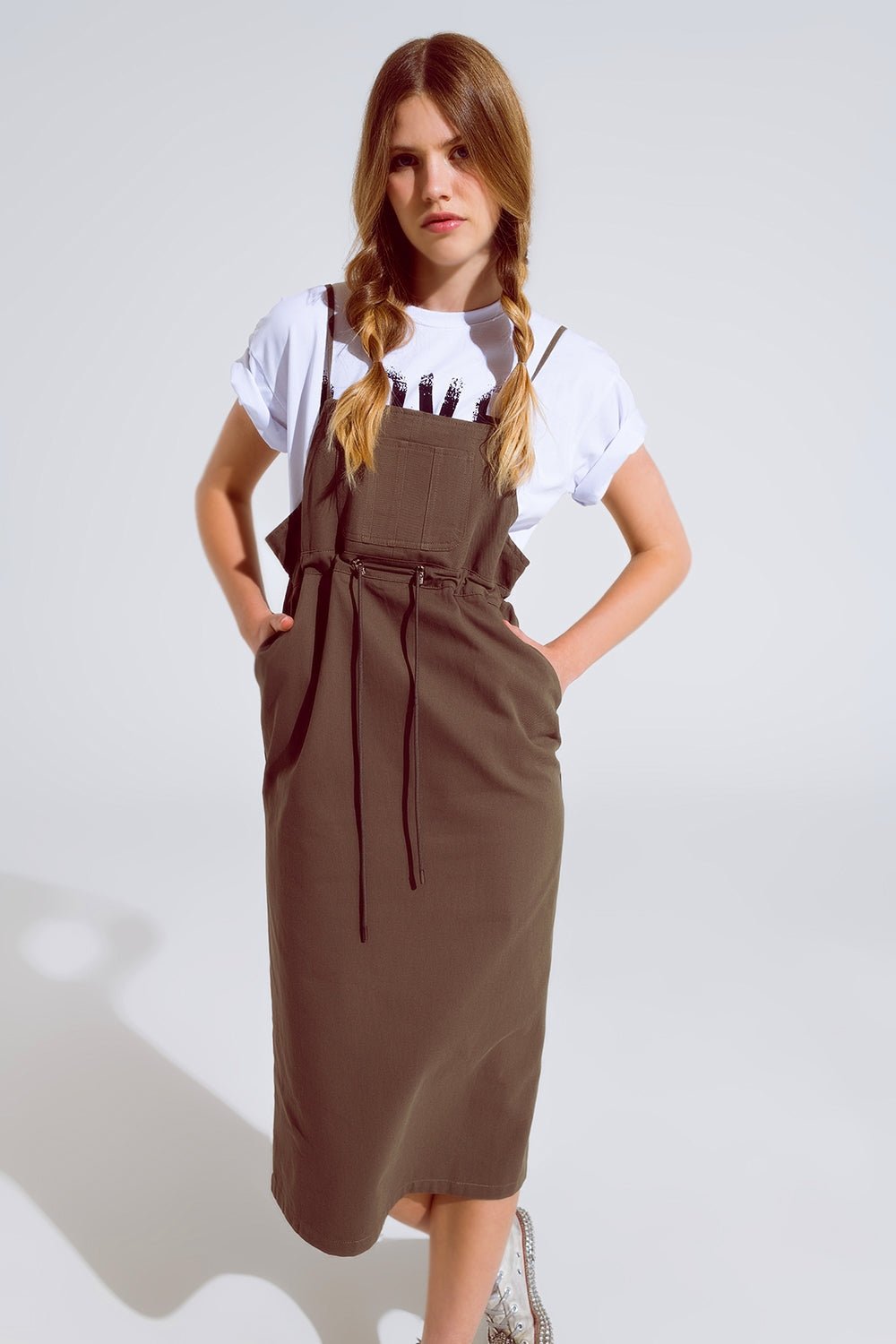 Khaki Denim Overall Dress With Chest Pocket and Drawstring Waist - Mack & Harvie