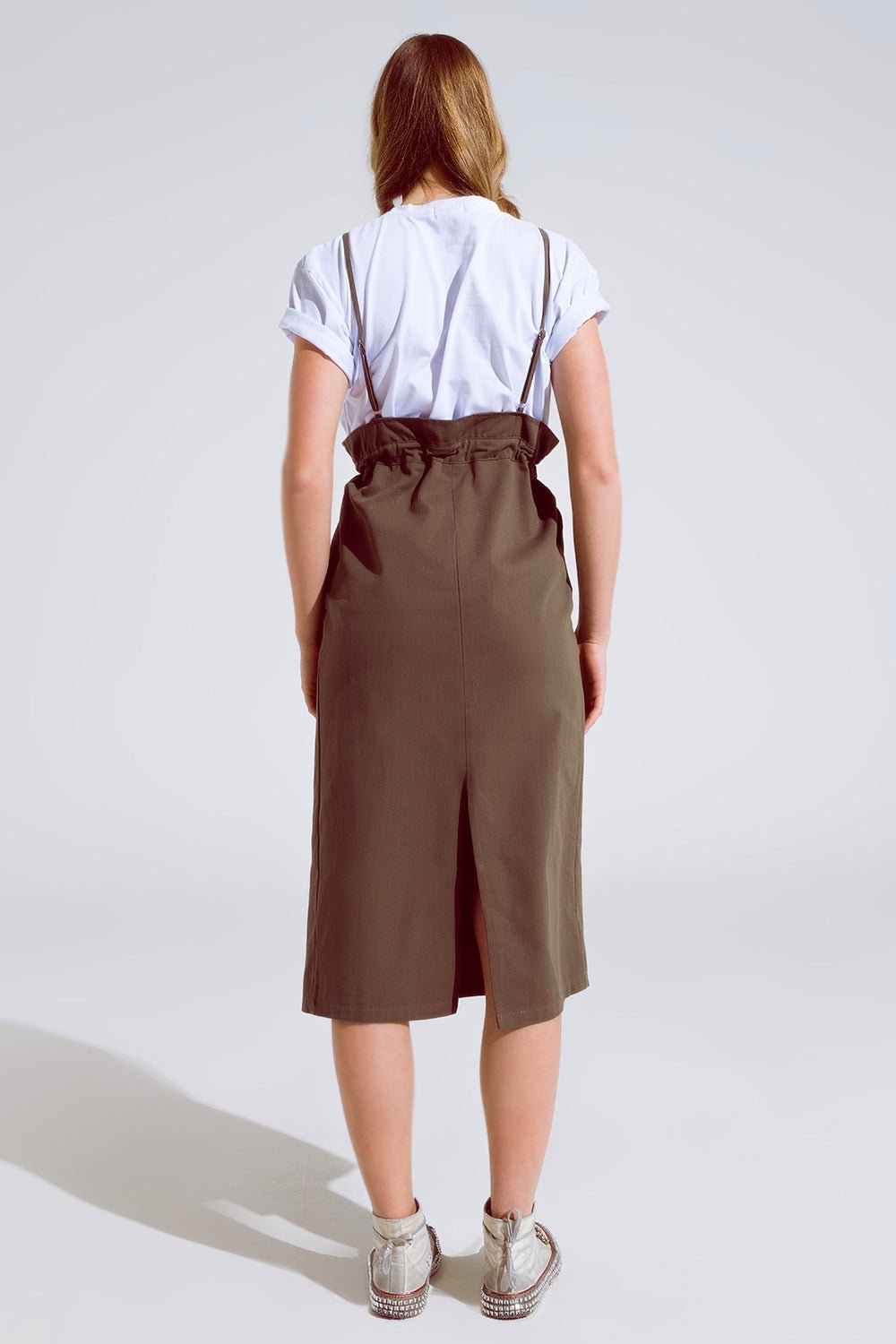 Khaki Denim Overall Dress With Chest Pocket and Drawstring Waist - Mack & Harvie