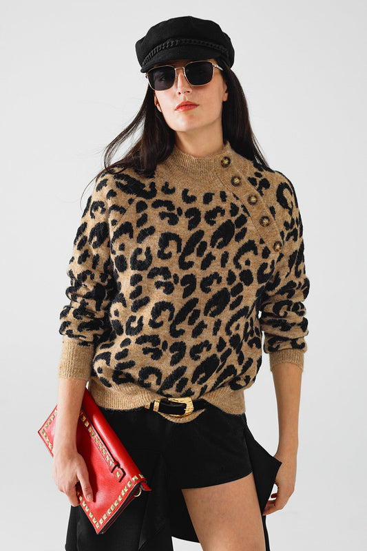 Leopard Knit Sweater With Buttons on the Side