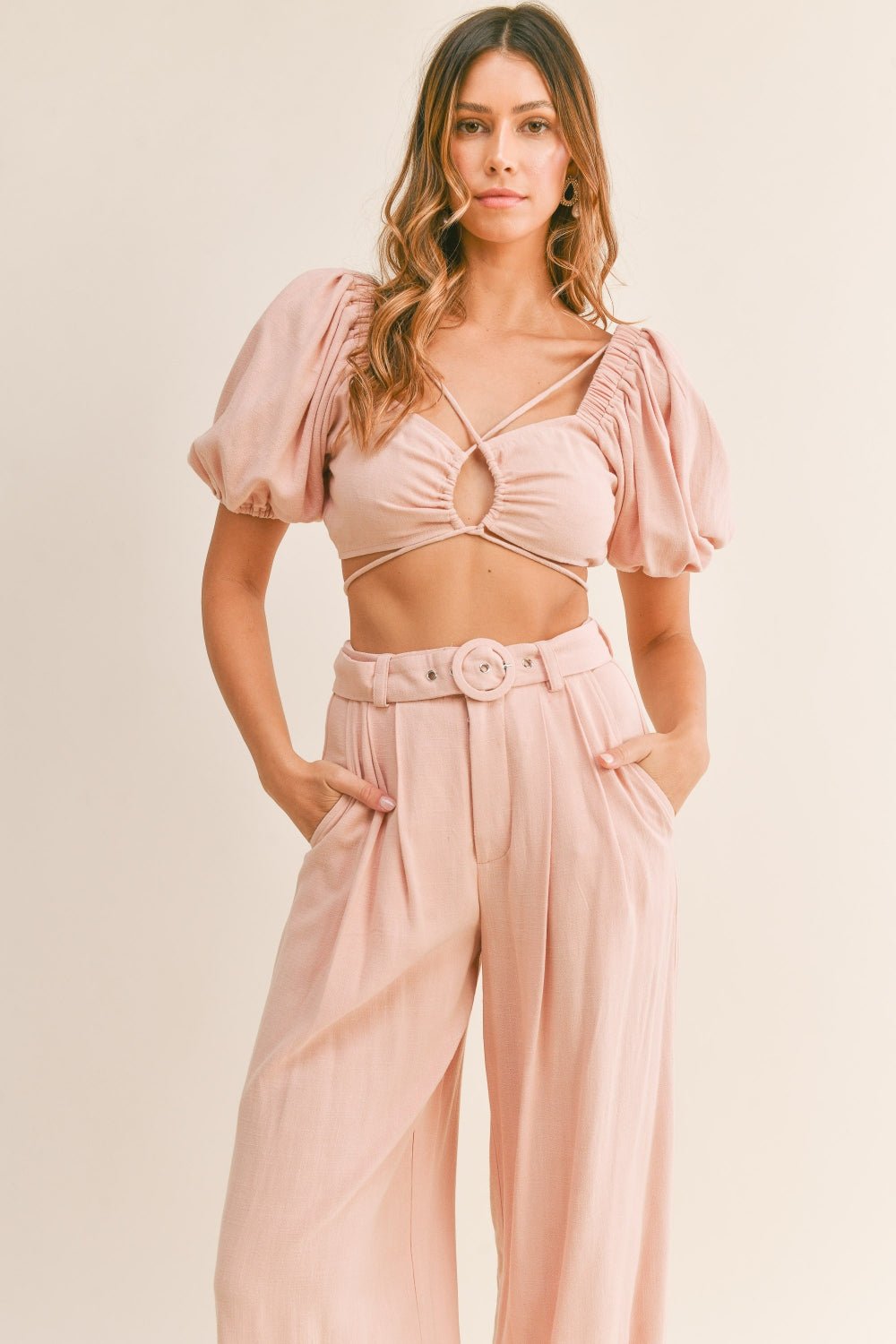 MABLE Cut Out Drawstring Crop Top and Belted Pants Set - Mack & Harvie