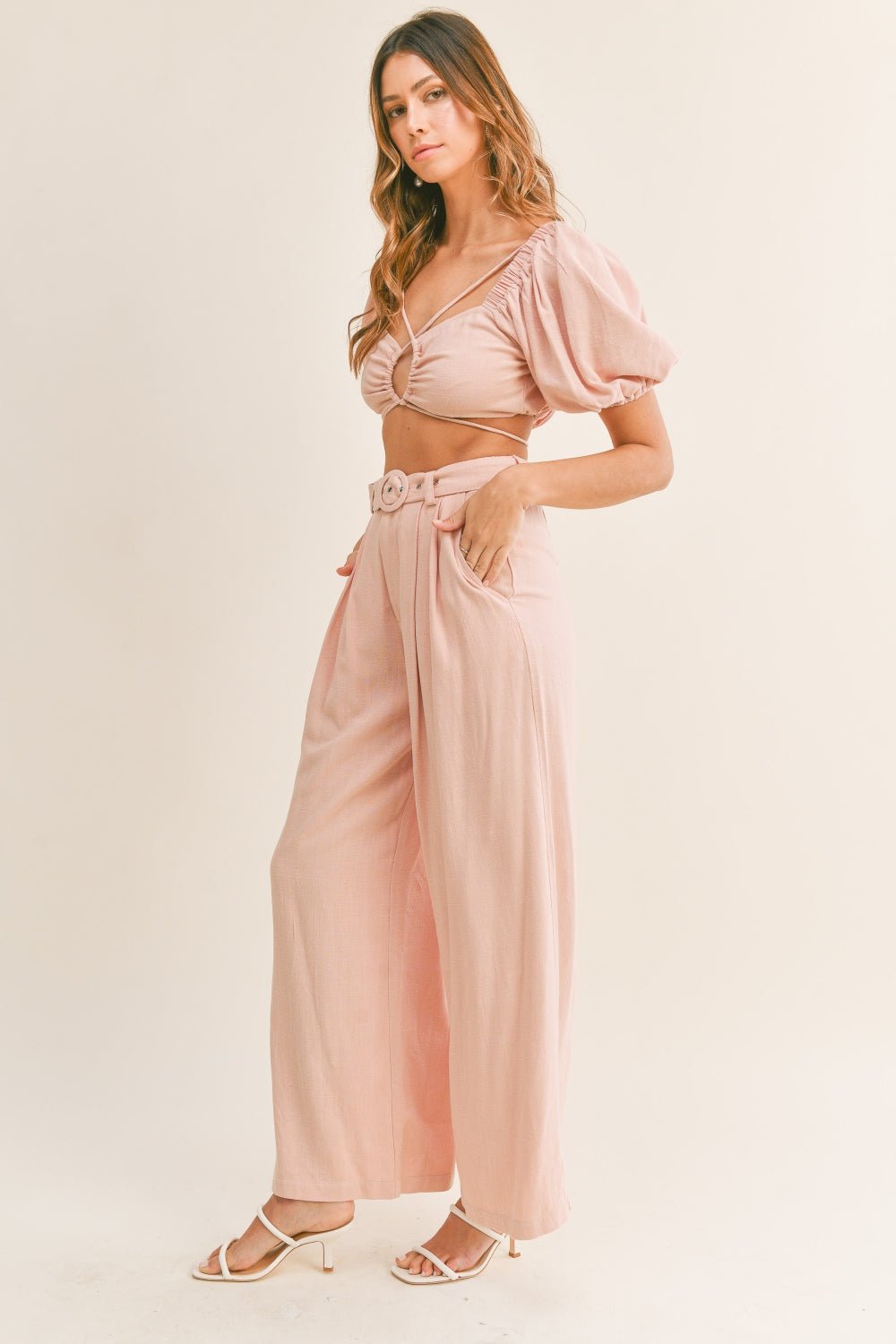 MABLE Cut Out Drawstring Crop Top and Belted Pants Set - Mack & Harvie