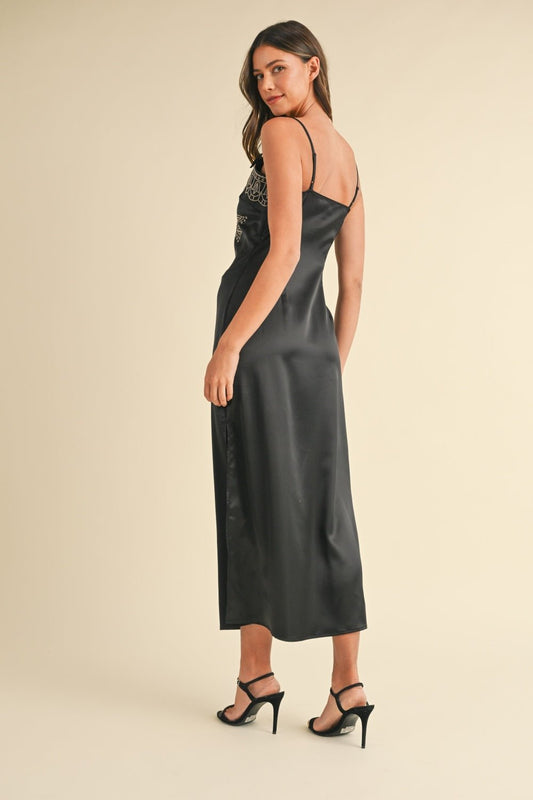Mable Embroidered Cami Satin Midi Slit Dress - Mack & Harvie