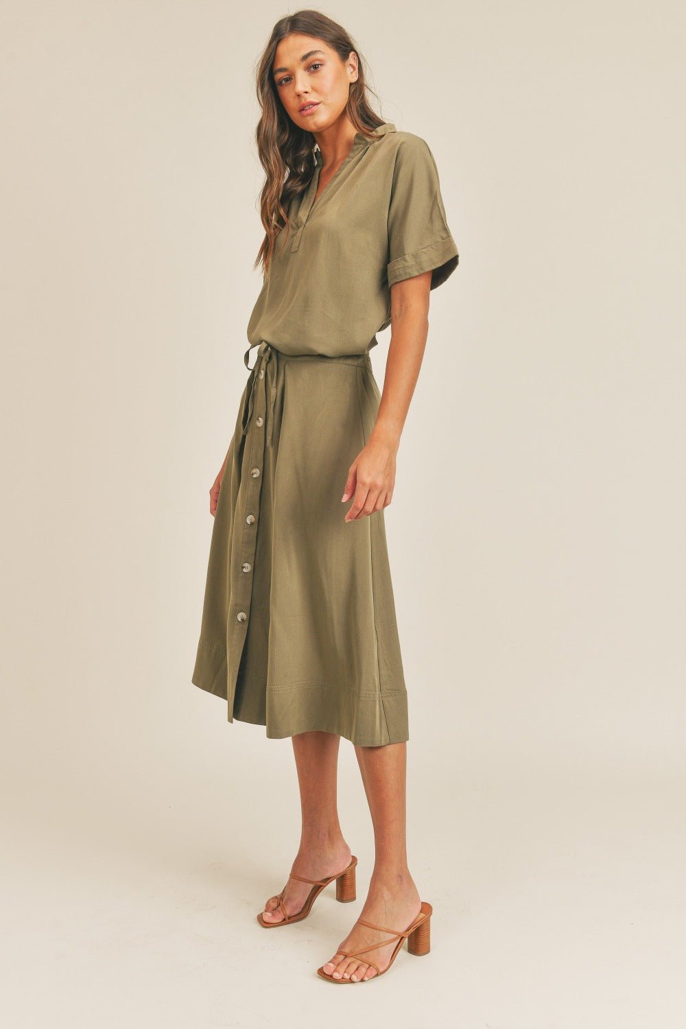 MABLE Short Sleeve Top and Button Down Midi Skirt Set - Mack & Harvie