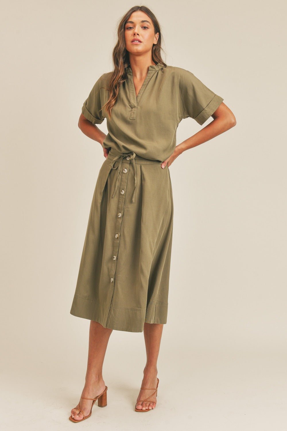 MABLE Short Sleeve Top and Button Down Midi Skirt Set - Mack & Harvie