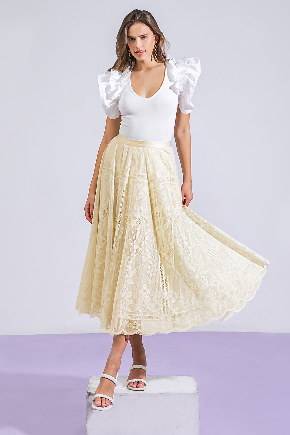 MEANINGFUL MOMENT WOVEN LACE MIDI SKIRT - Mack & Harvie