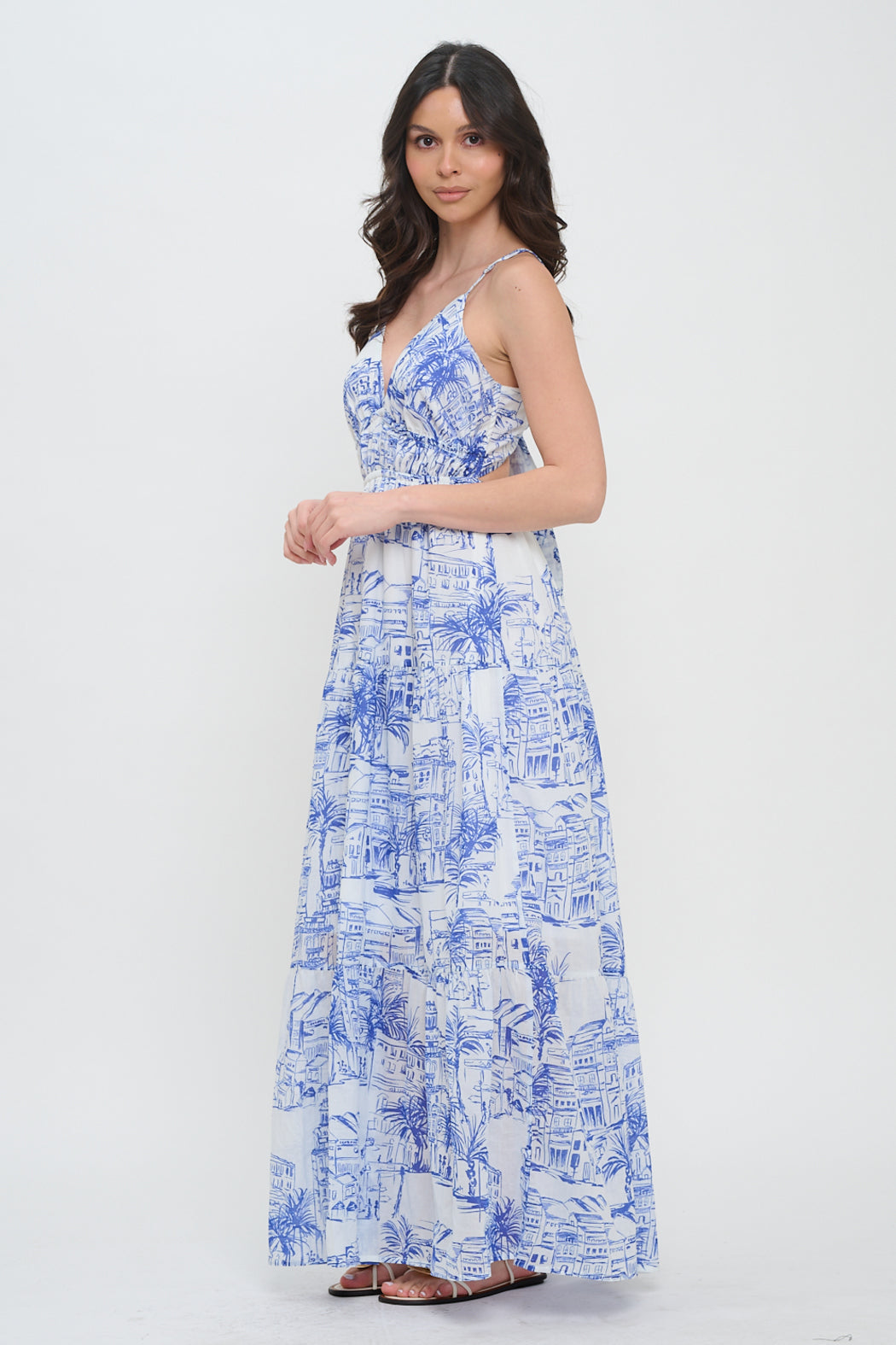 Santorini Coastal Sketch Maxi Dress