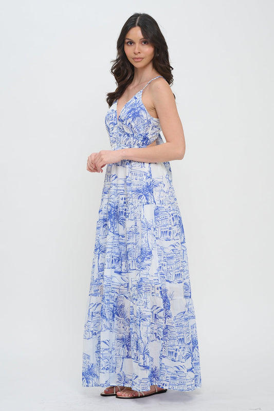 Santorini Coastal Sketch Maxi Dress