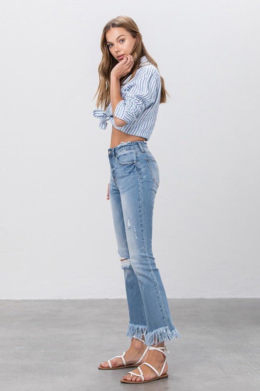 MID RISE LONG BOTTOM FRAYED CROP FLARE - Mack & Harvie