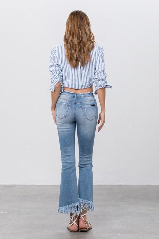 MID RISE LONG BOTTOM FRAYED CROP FLARE - Mack & Harvie