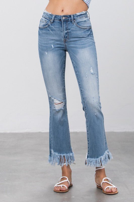 MID RISE LONG BOTTOM FRAYED CROP FLARE - Mack & Harvie