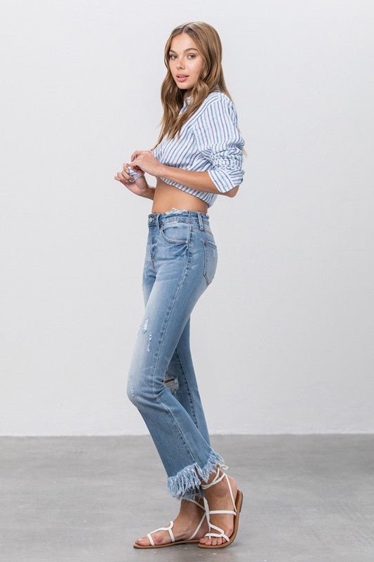 MID RISE LONG BOTTOM FRAYED CROP FLARE - Mack & Harvie