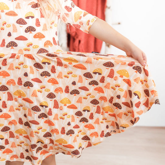 MID SLEEVE TWIRL DRESS - Mushrooms - Mack & Harvie
