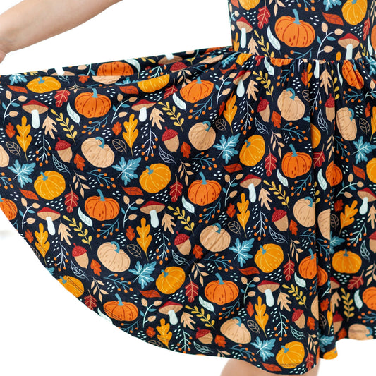MID SLEEVE TWIRL DRESS - Pumpkin Leaves - Mack & Harvie
