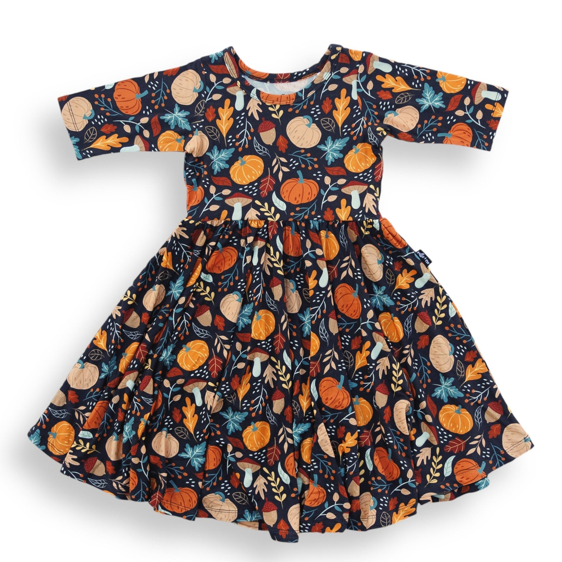 MID SLEEVE TWIRL DRESS - Pumpkin Leaves - Mack & Harvie