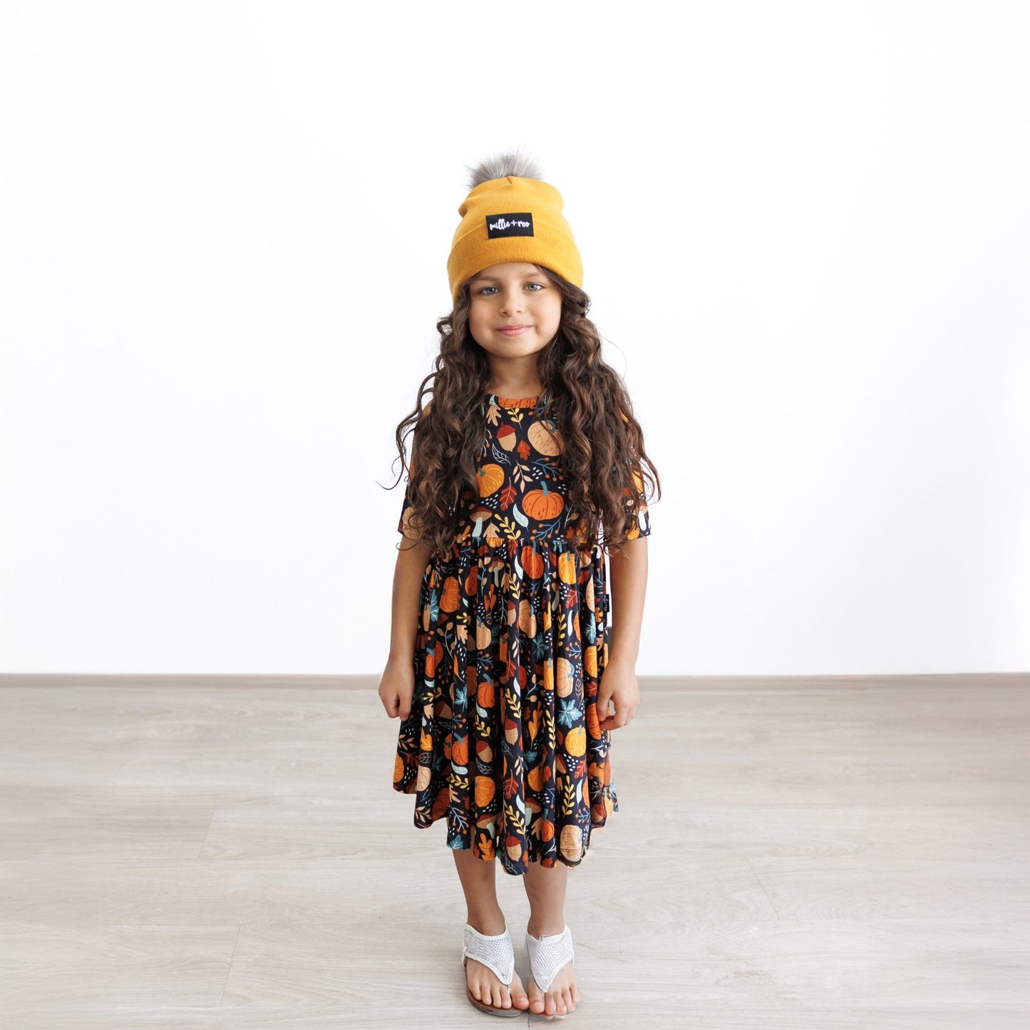 MID SLEEVE TWIRL DRESS - Pumpkin Leaves - Mack & Harvie