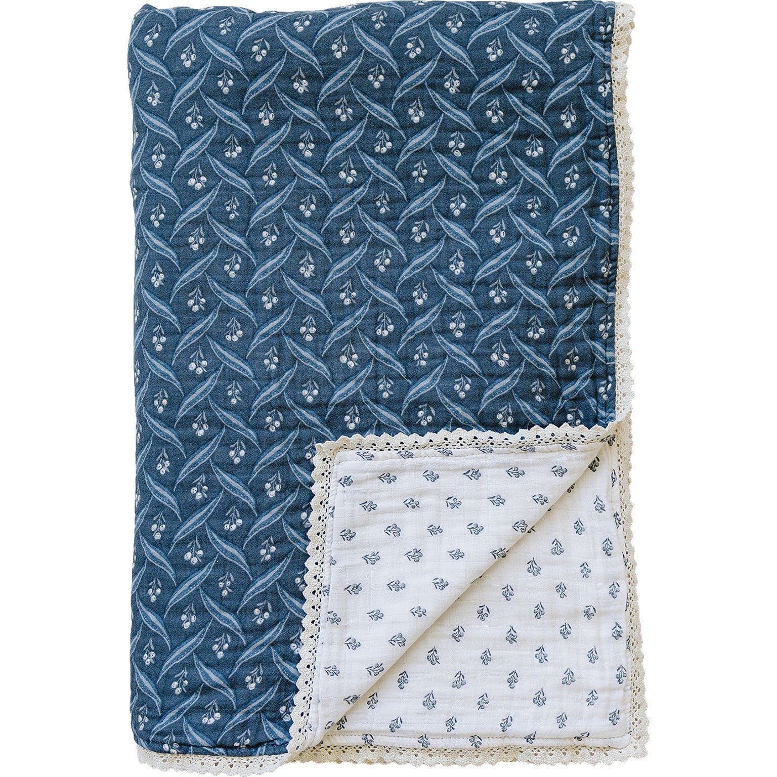 Navy Berry + Cream Berry Lace Twin Muslin Quilt - Mack & Harvie