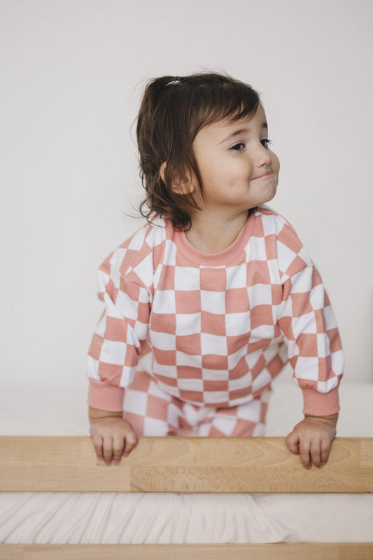 Organic Cotton Checkered Jogger Set - Pink