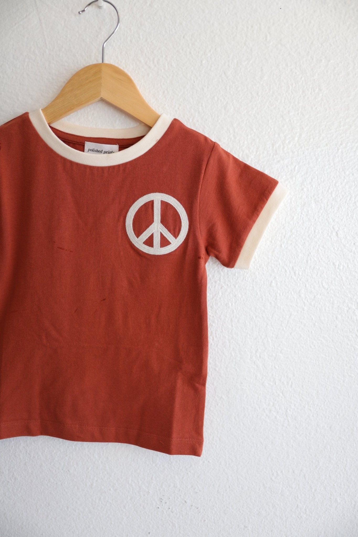 Peace Embroidered Ringer in Auburn - Mack & Harvie