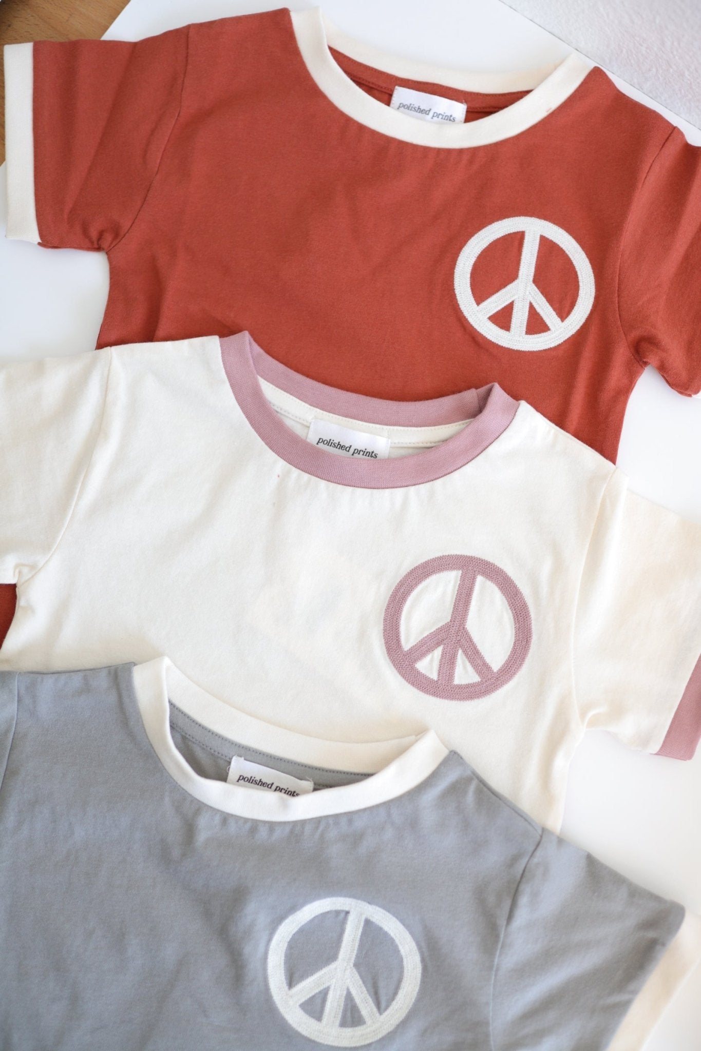Peace Embroidered Ringer in Auburn - Mack & Harvie