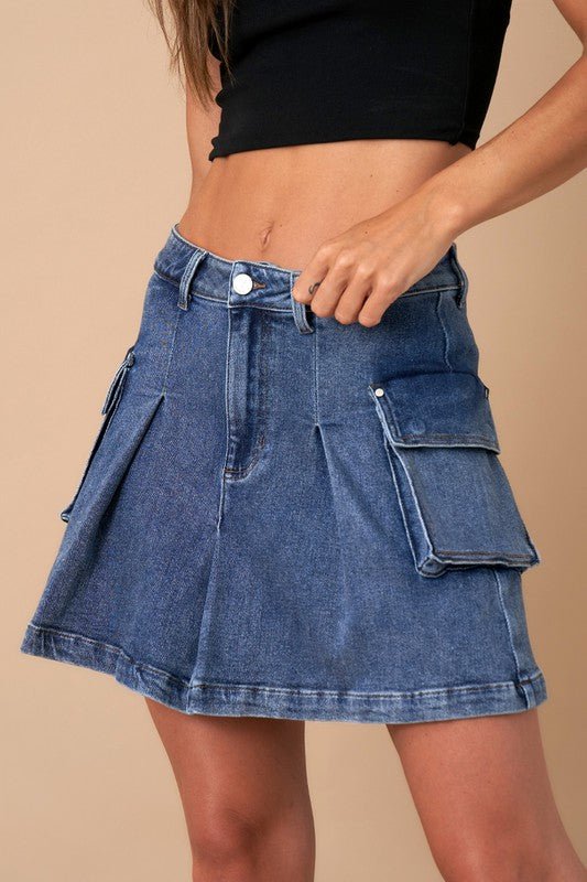 PLEATED CARGO DENIM MINI SKIRT - Mack & Harvie