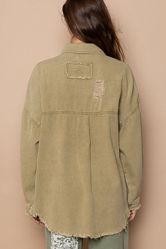 POL Button Down Raw Hem Distressed Shacket - Mack & Harvie