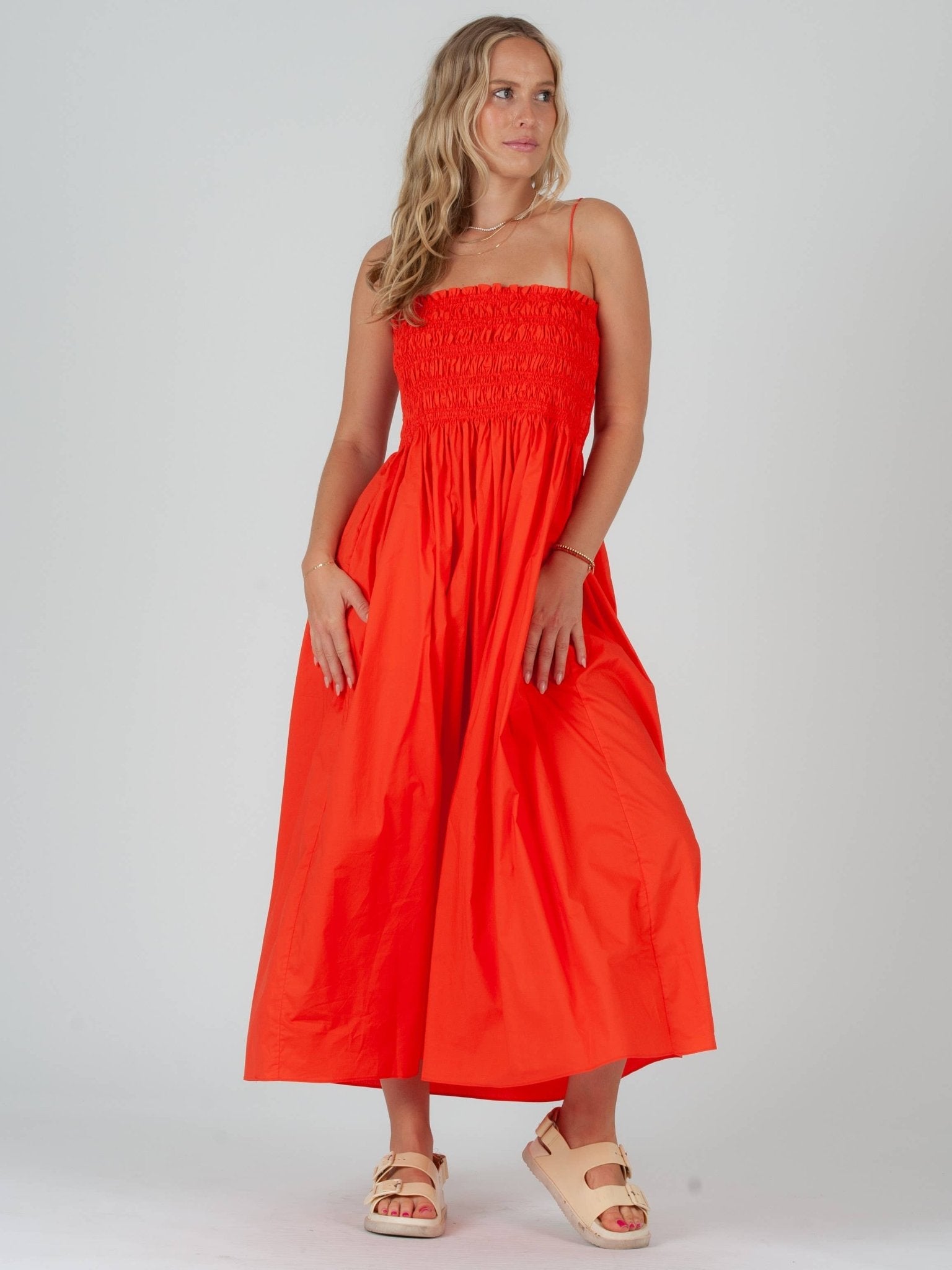 Poplin Orange Smocked Midi Dress M Poplin Orange Smocked Midi Dress M