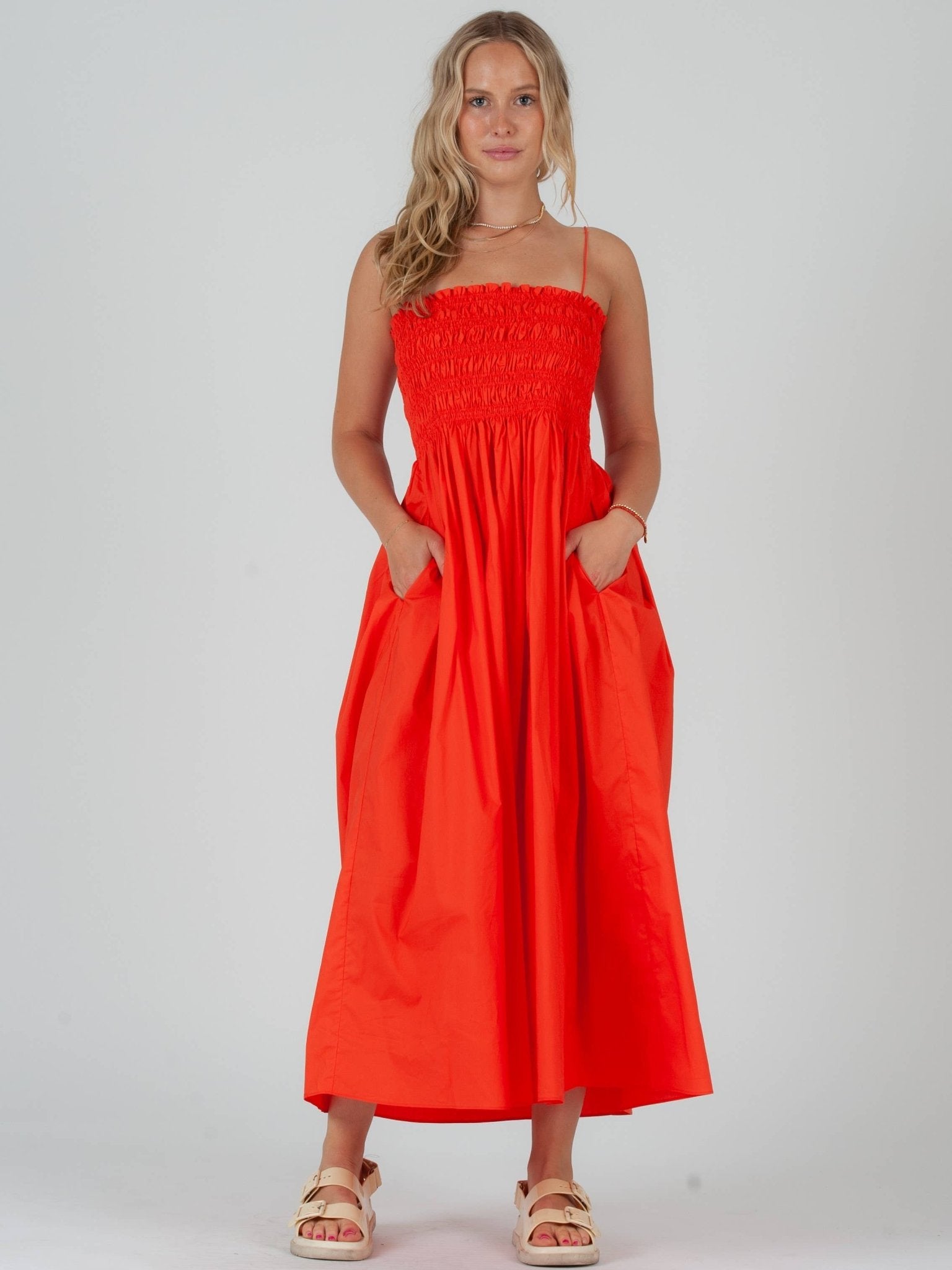 Poplin Orange Smocked Midi Dress M