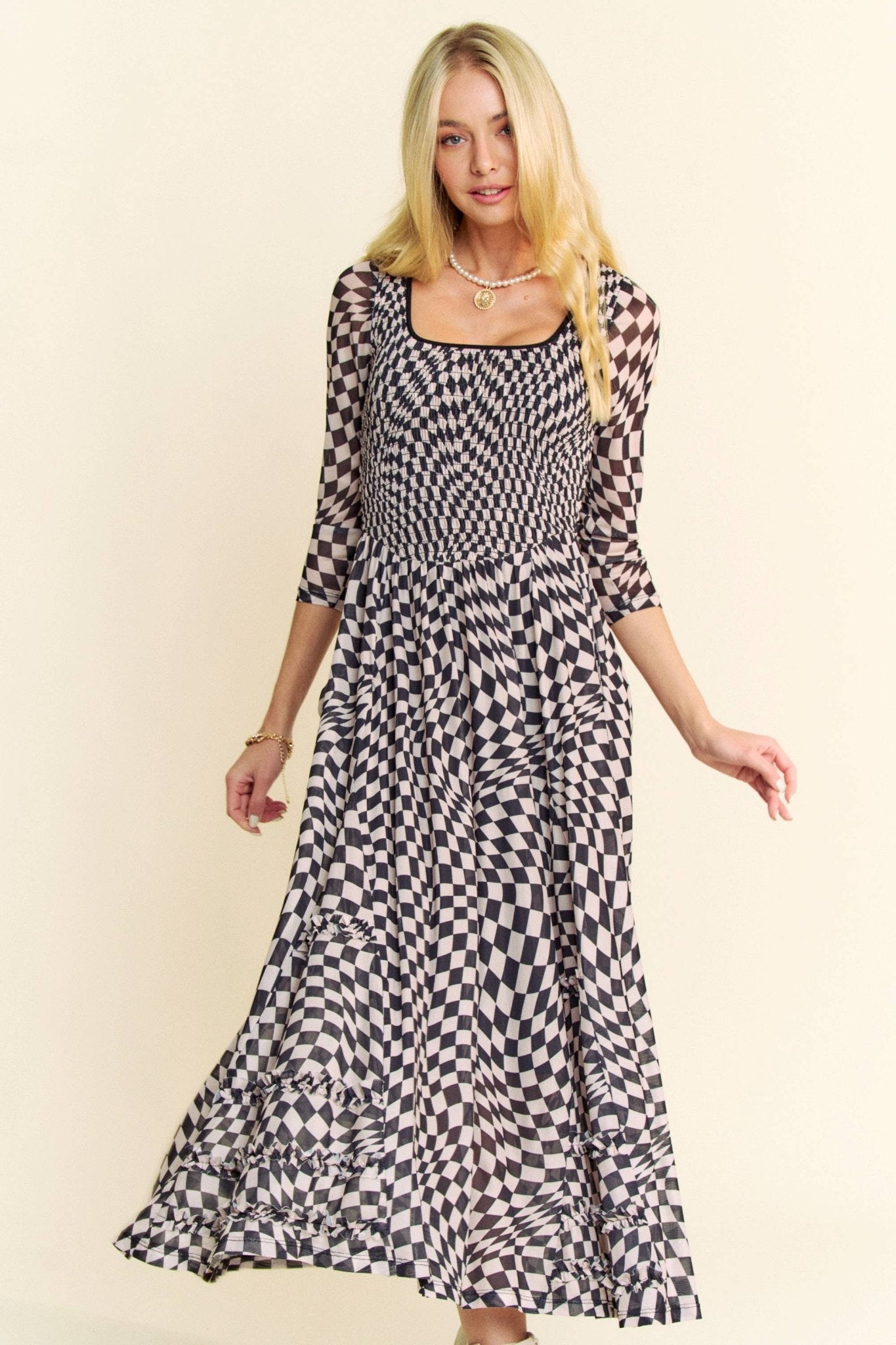 PRINTED CHECKER MESH FLOWY SKIRT MAXI DRESS - Mack & Harvie