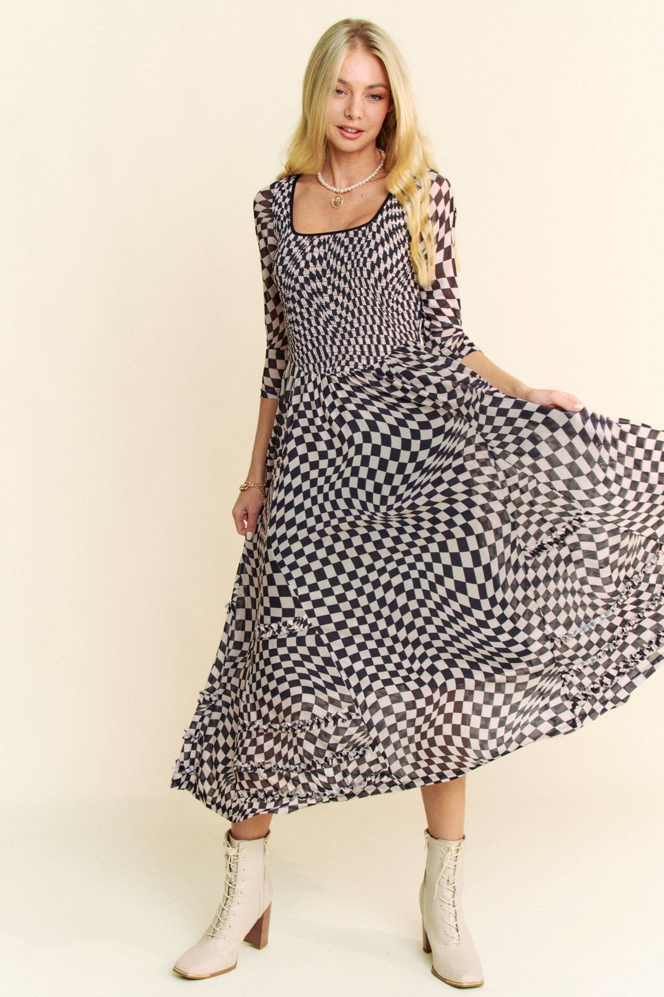 PRINTED CHECKER MESH FLOWY SKIRT MAXI DRESS - Mack & Harvie
