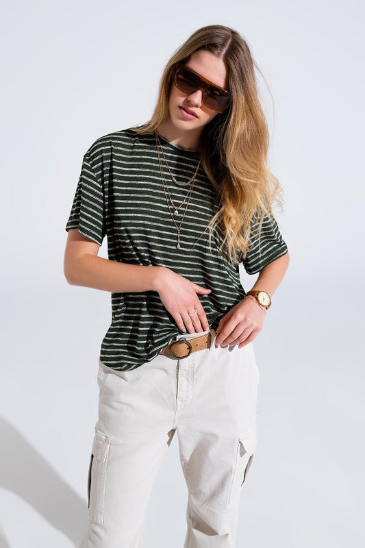 Relaxed Striped T-Shirt With Crew Neckline in Khaki - Mack & Harvie