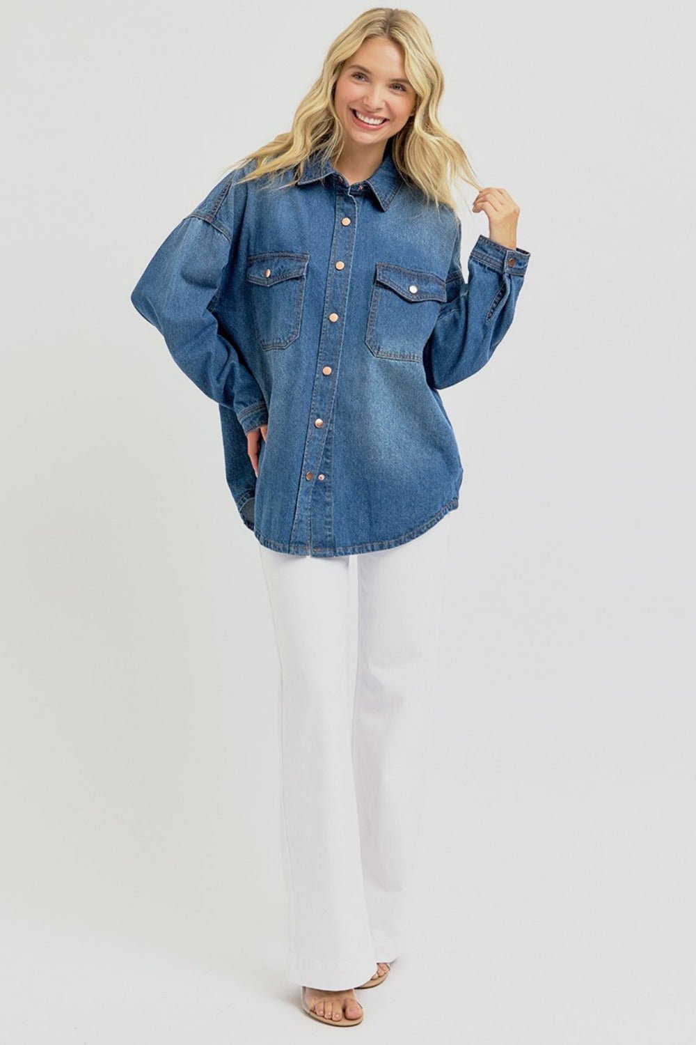 RISEN Full Size Snap Down Long Sleeve Denim Shacket - Mack & Harvie