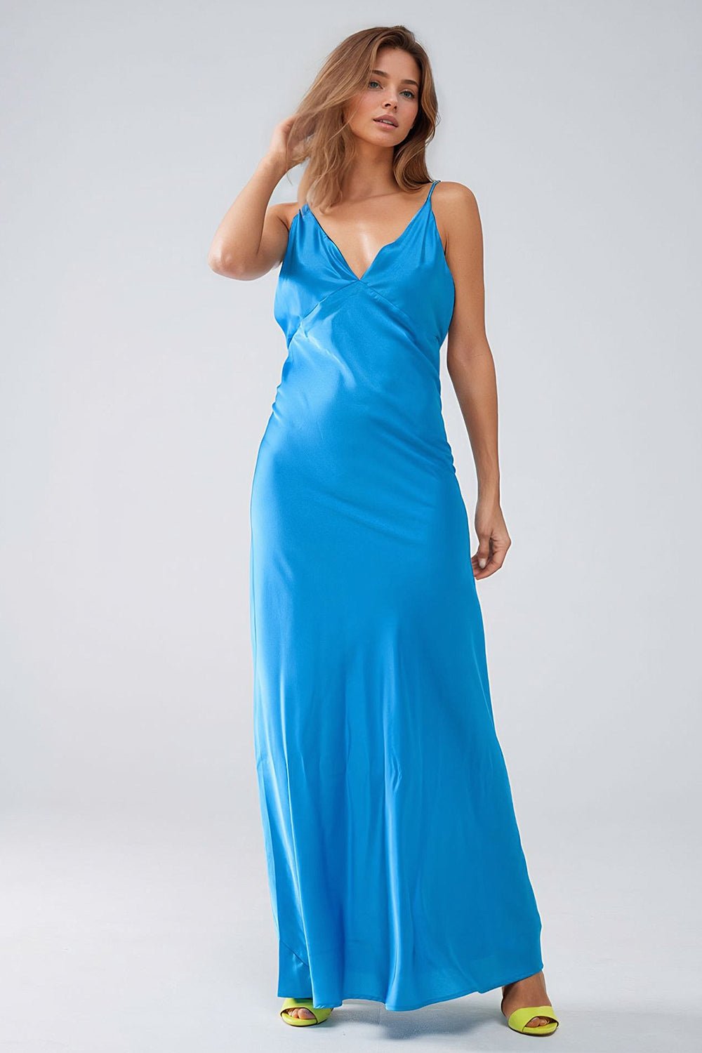 Satin Maxi Dress With Spaghetti Straps in Blue - Mack & Harvie