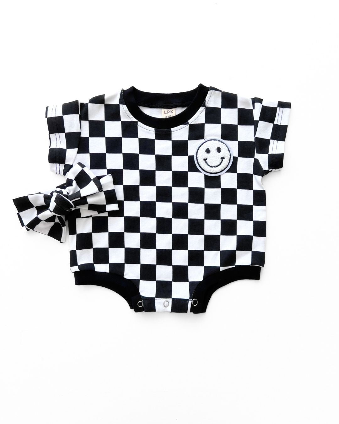 Short Sleeve Bubble Romper | Checkered Smiley Black - Mack & Harvie