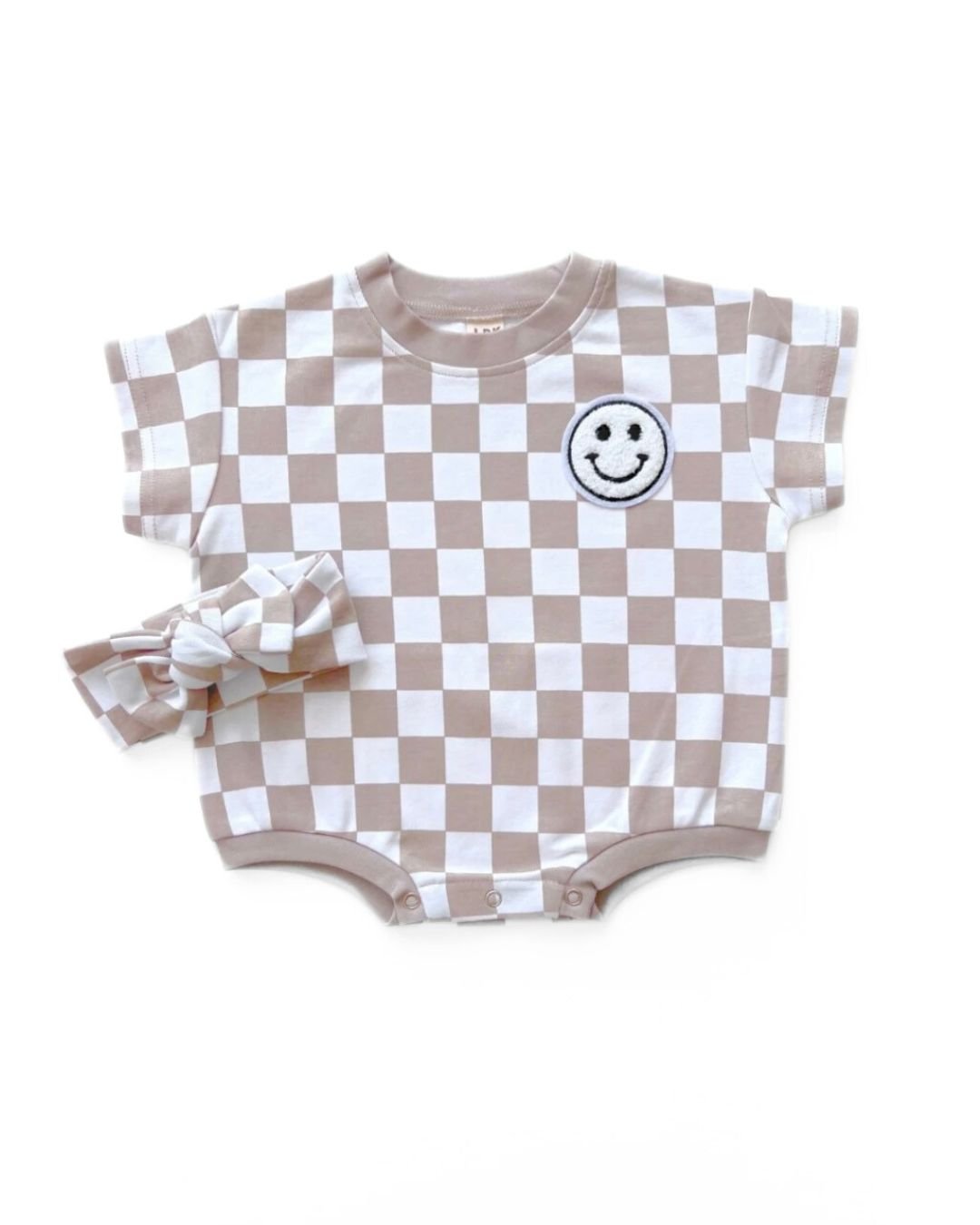 Short Sleeve Bubble Romper | Checkered Smiley Latte - Mack & Harvie