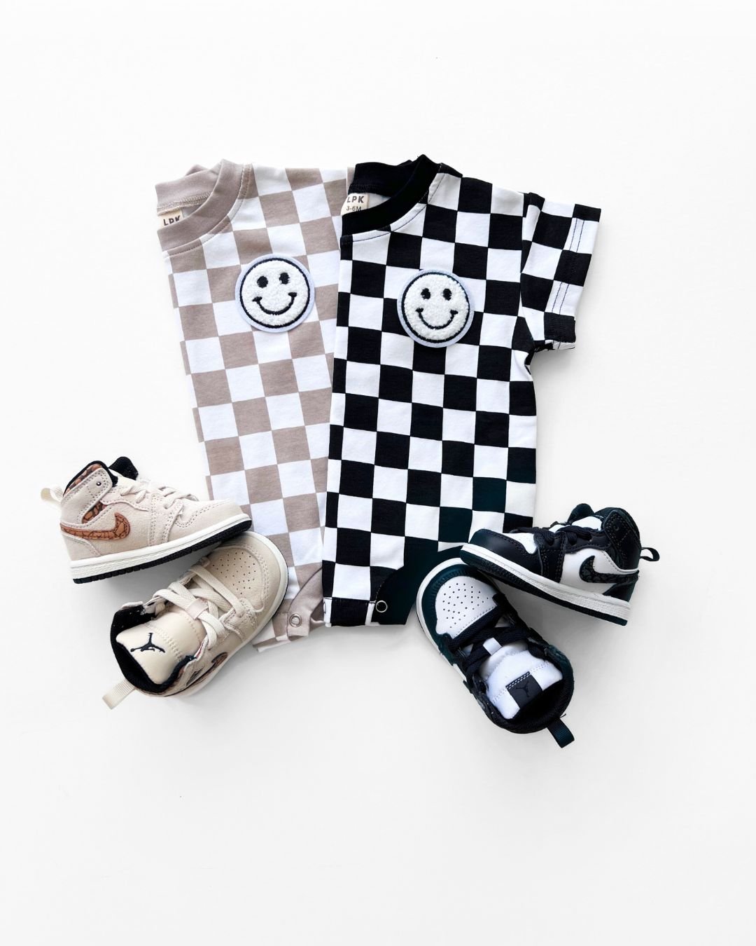 Short Sleeve Bubble Romper | Checkered Smiley Latte - Mack & Harvie