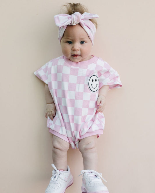 Short Sleeve Bubble Romper | Checkered Smiley Pink - Mack & Harvie