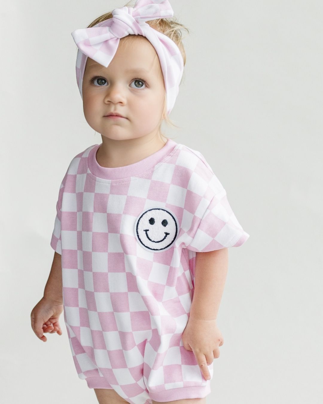 Short Sleeve Bubble Romper | Checkered Smiley Pink - Mack & Harvie