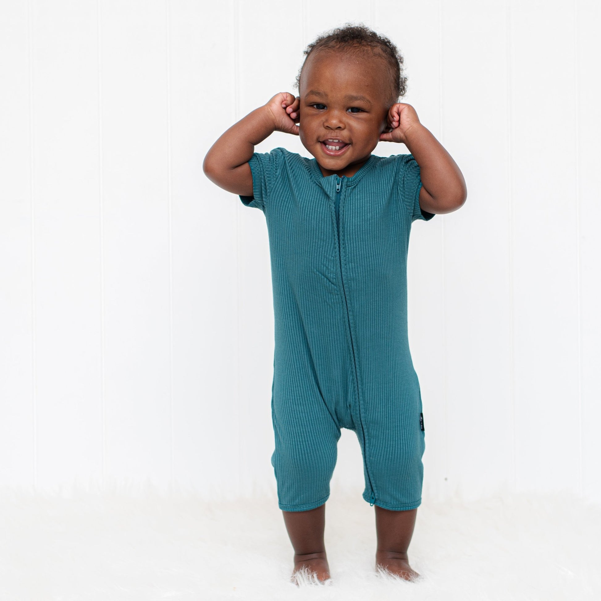 SHORTIE ZIP ROMPER - Peacock Ribbed - Mack & Harvie