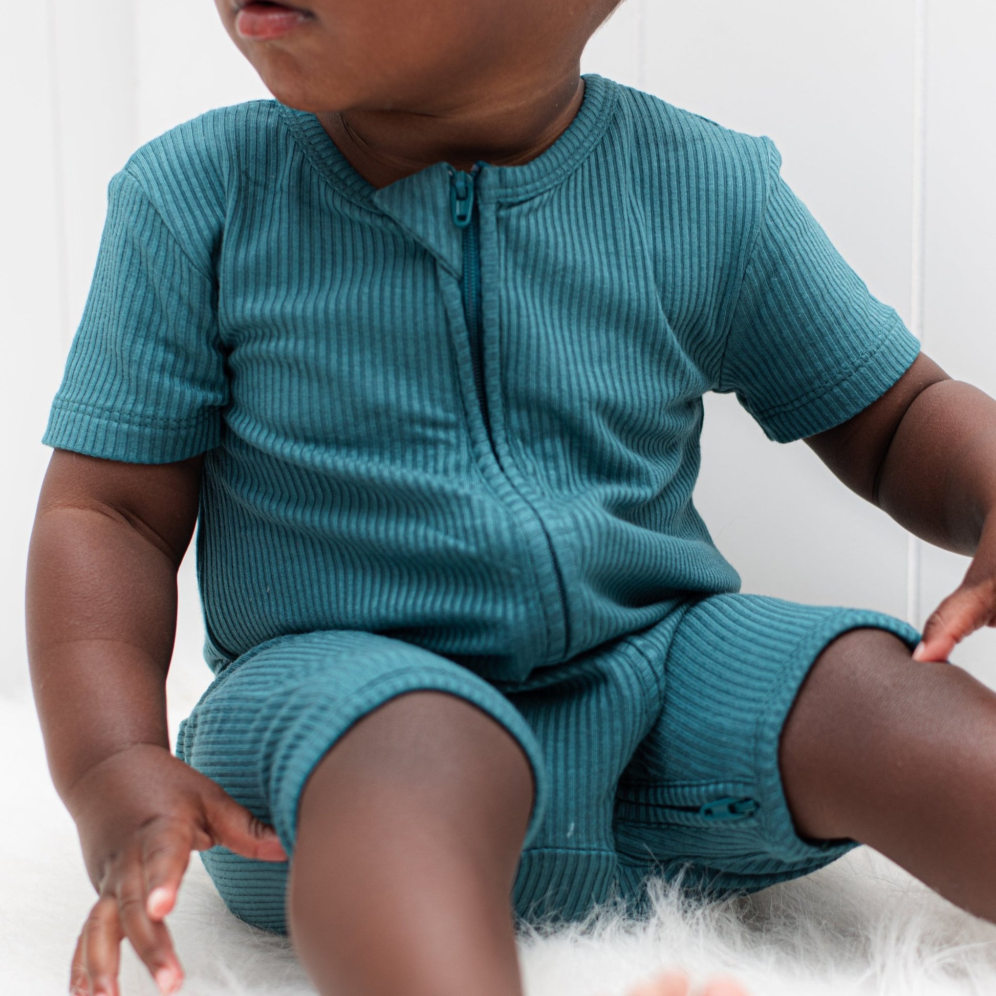 SHORTIE ZIP ROMPER - Peacock Ribbed - Mack & Harvie