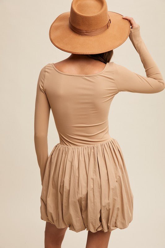 Square Neck Long Sleeve Bubble Skirt Dress Romper Beige / Large Square Neck Long Sleeve Bubble Skirt Dress Romper Beige / Large
