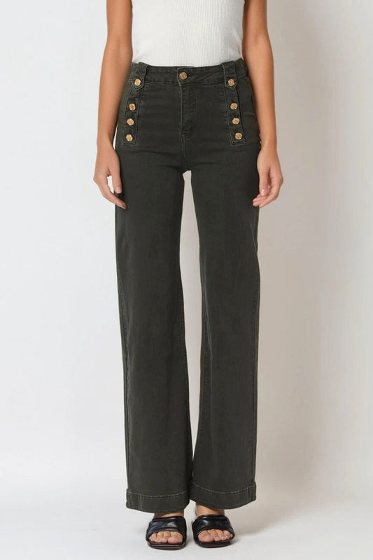 Straight Jeans With Gold Buttons at the Side in Khaki