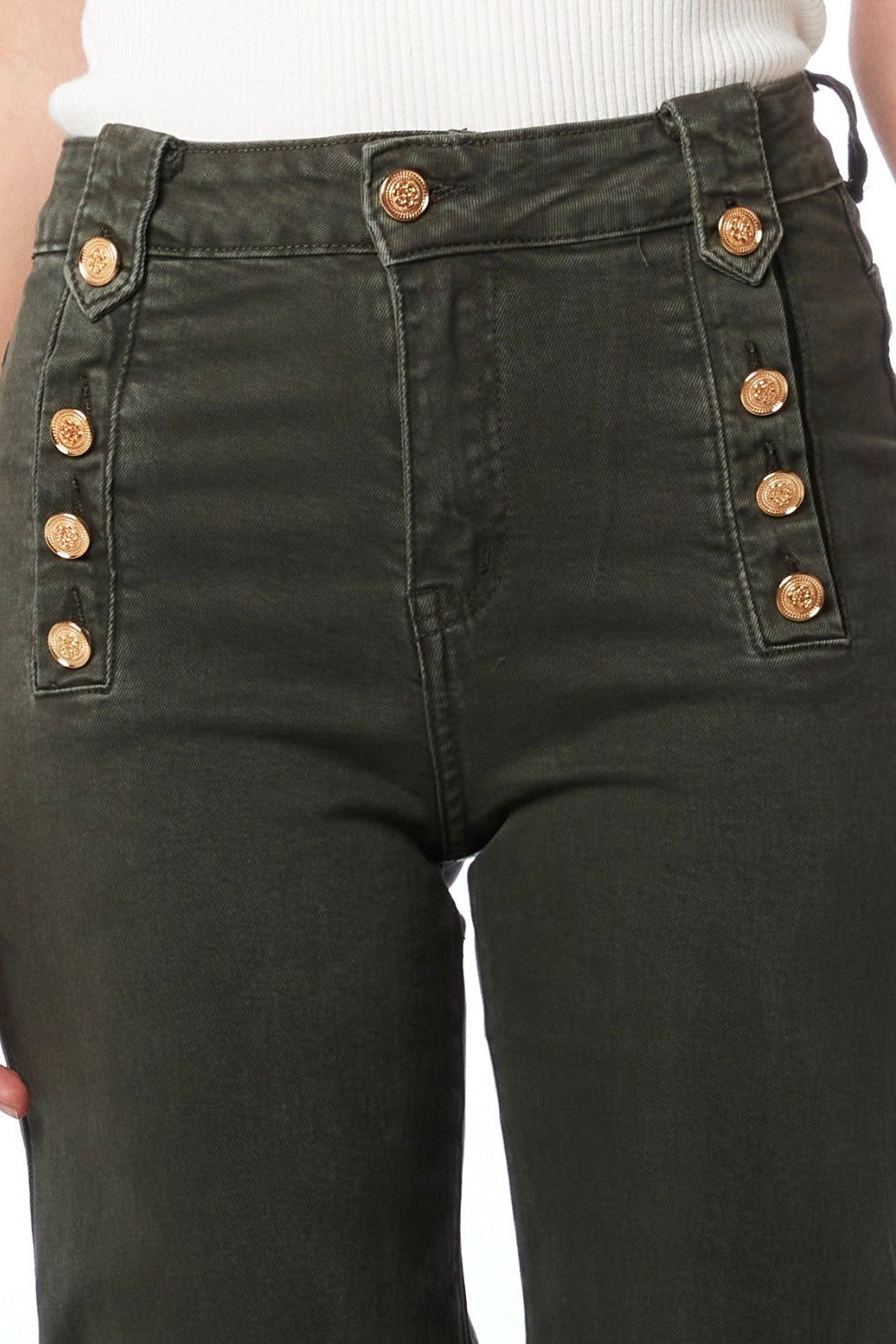 Straight Jeans With Gold Buttons at the Side in Khaki