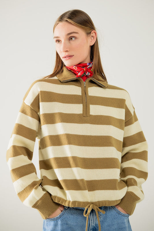 Striped Beige Sweater With Zipper Closure