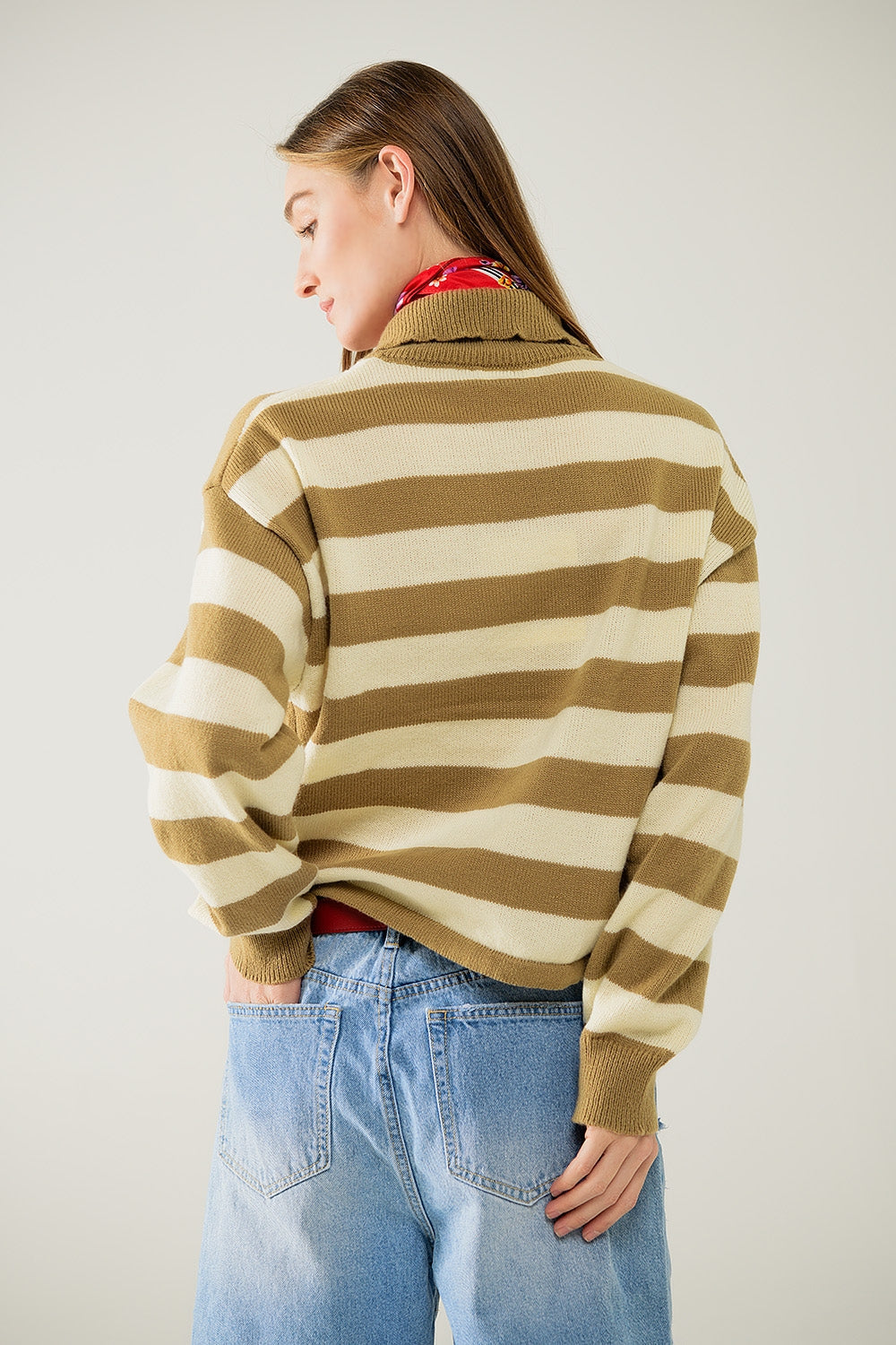 Striped Beige Sweater With Zipper Closure